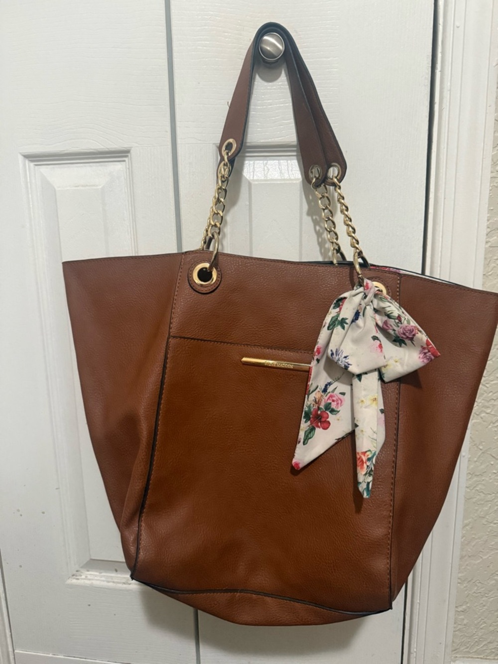 Steve Madden Brown Leather-Trim Floral Lined Tote